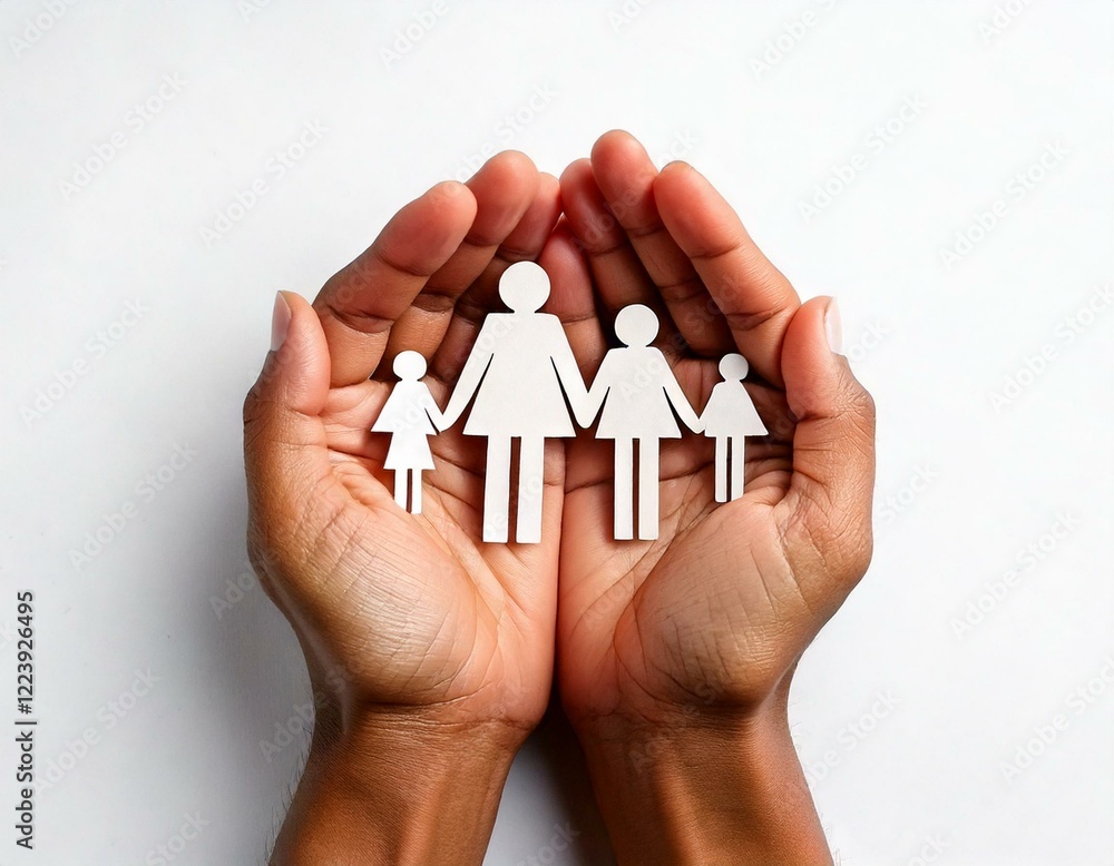 Hands holding family figure top view. Insurance concept Hands holding family figure top view. Insurance concept