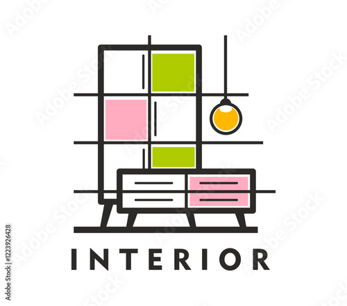 Interior design icon for Home decor and furniture studio, vector creative emblem. Home interior icon with simple abstract line art furniture for comfort living or house staging and apartment interior