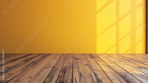 Empty room with yellow wall and wooden floor. Perfect background for product displays or room designs.