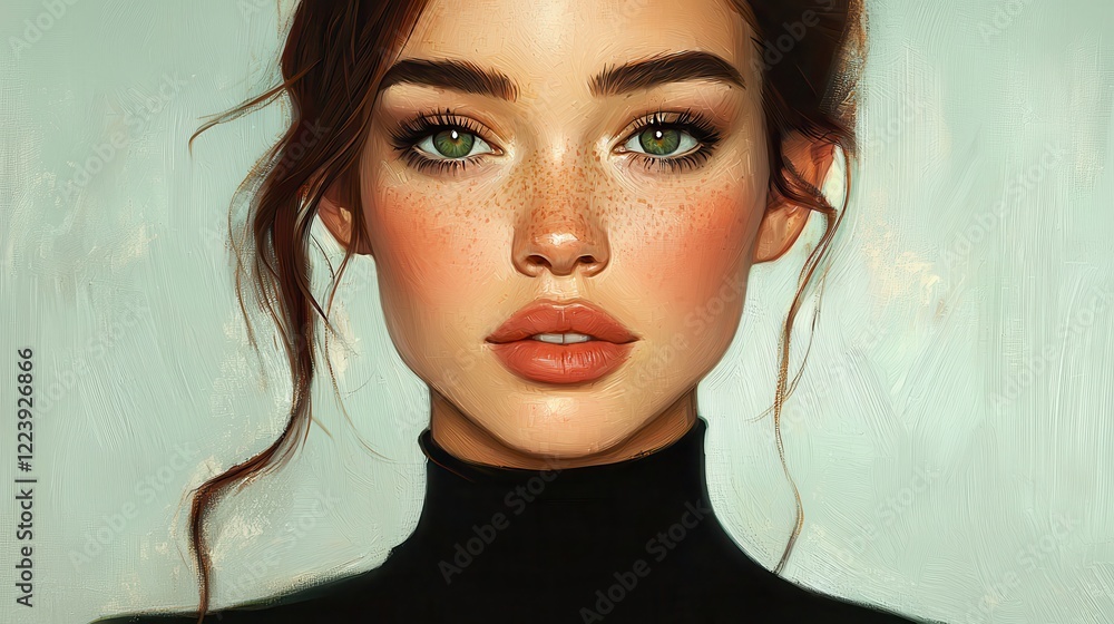 Fototapeta premium Close Up Portrait of a Young Woman with Freckles and Green Eyes