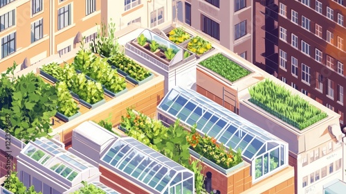 Rooftop gardens in city, isometric view.
