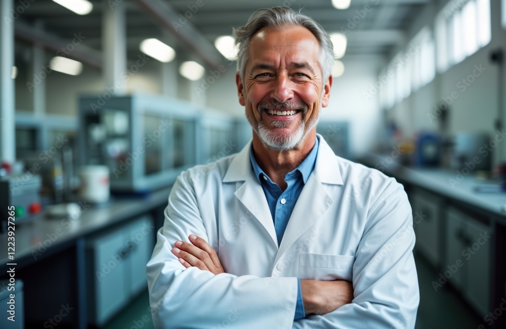 Mature scientist stands confidently in modern lab. Wears white lab coat, happy expression. Lab environment bright, well equipped. Photo shows professionalism, expertise in science field. Successful Mature scientist stands confidently in modern lab. Wears white lab coat, happy expression. Lab environment bright, well equipped. Photo shows professionalism, expertise in science field. Successful