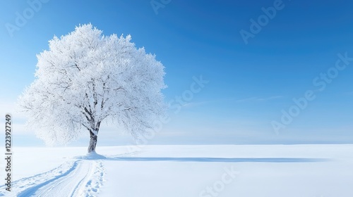 Frosty tree in snowy field, winter landscape, serene scene, nature background, for calendar design