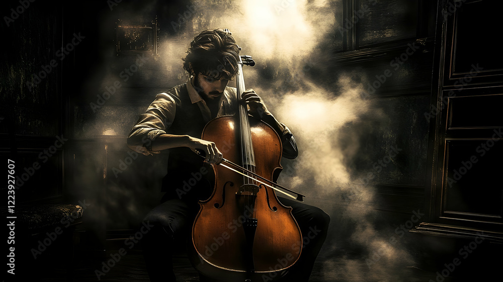 Fototapeta premium A musician playing a cello in a smoky, atmospheric setting.