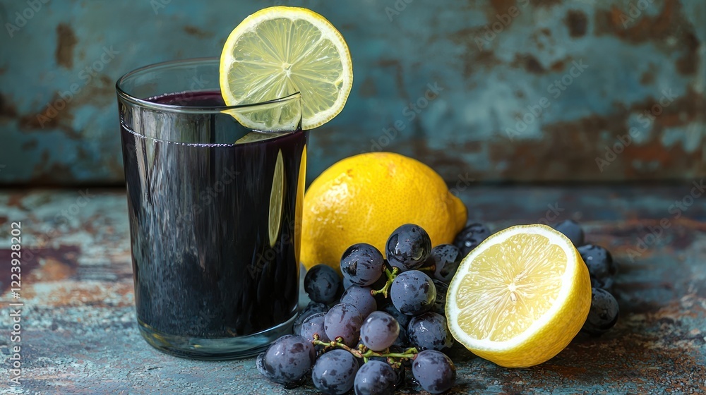 A glass of grape juice with a slice of lemon on the rim, placed on a rustic table.