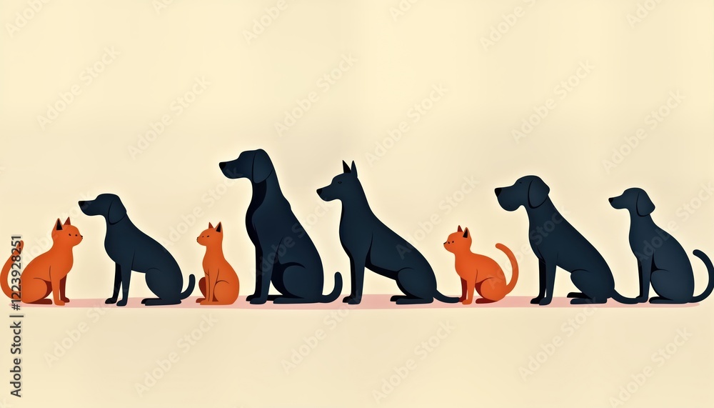 Obraz premium Dogs, cats sitting in row. Silhouettes of pets create minimalist design. Pets sitting side by side with simple color palette, clean style. Illustration suitable for pet lovers, designers, anyone