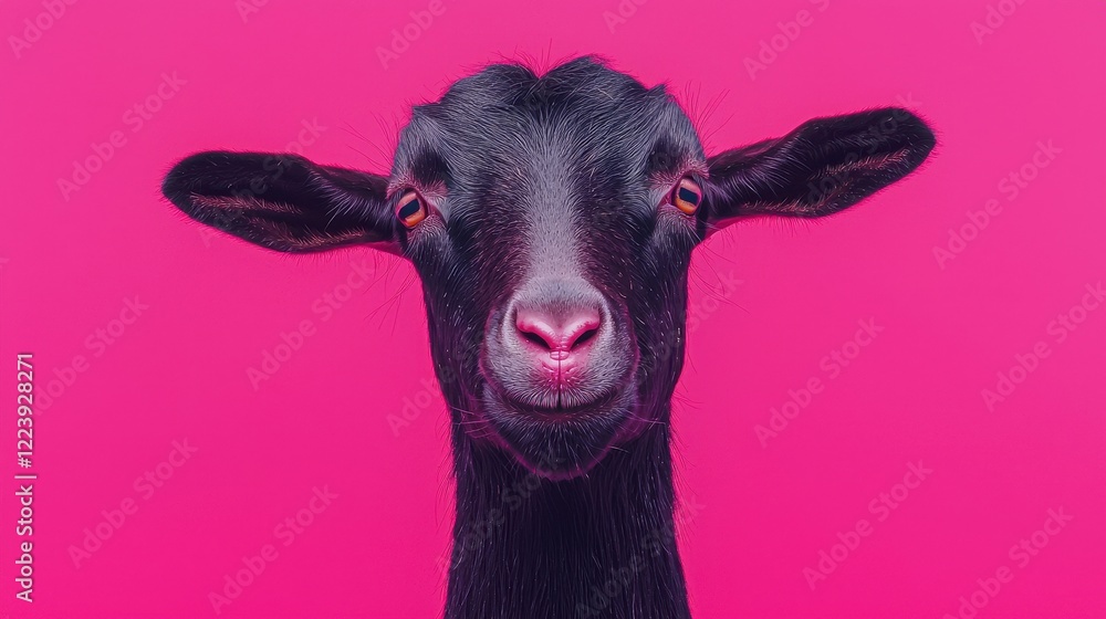 Closeup Portrait of a Black Goat Against Vibrant Pink Background Closeup Portrait of a Black Goat Against Vibrant Pink Background