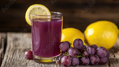 Obraz na płótnie A glass of grape juice with a slice of lemon on the rim, placed on a rustic table. w salonie