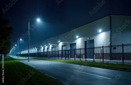 Exterior warehouse at night. Robust fence secures perimeter. Illuminated by security lights. Empty road. Residential area adjacent to industrial property. Safe, secure industrial building in modern