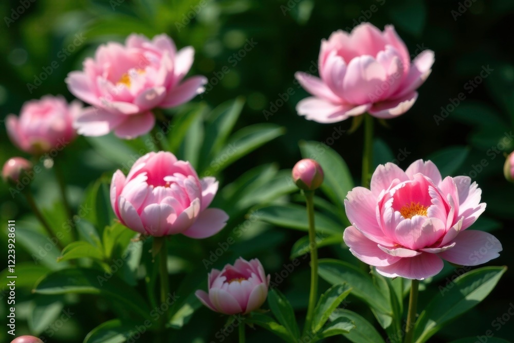 Soft pink peony flowers in a lush green foliage with deep shadow, garden flowers, garden scenes, flowers Soft pink peony flowers in a lush green foliage with deep shadow, garden flowers, garden scenes, flowers