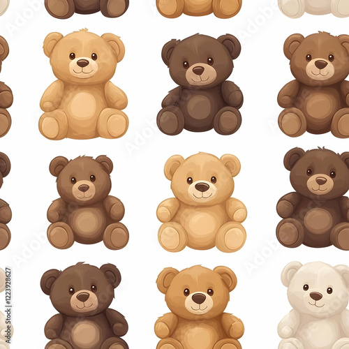 A pattern of cute teddy bears in various shades on a white background.