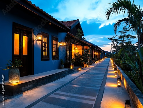 Serene lanternlit pathway surrounded by traditional houses, intricate patterns of light and shadow creating a magical ambiance photo