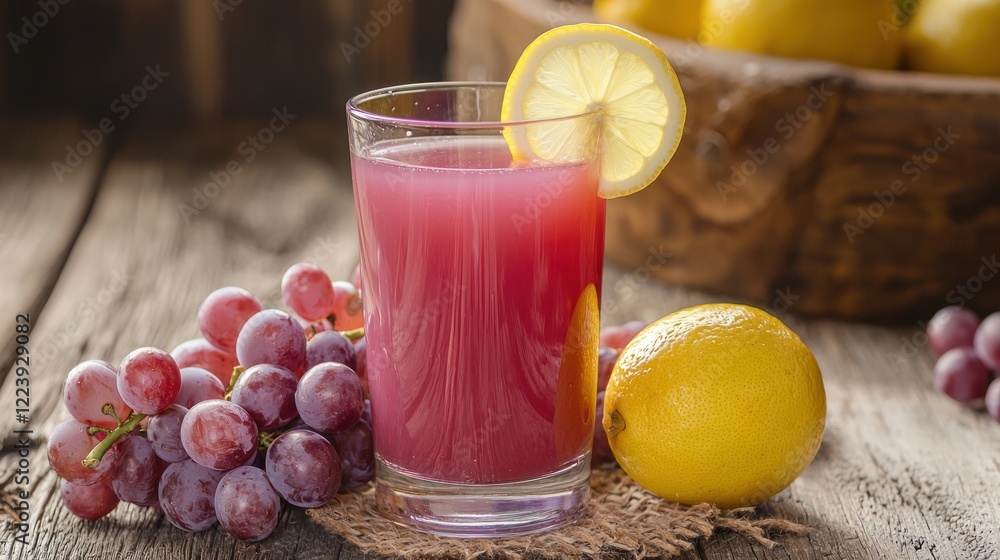 A glass of grape juice with a slice of lemon on the rim, placed on a rustic table.