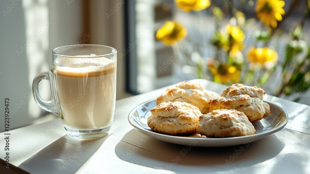 A glass of hot coffee beside a plate of biscuits on a morning breakfast table.