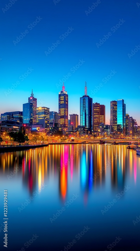 Naklejka premium Serene skyline at night, bold fireworks in shades of blue, red, and gold reflecting softly in a calm river below