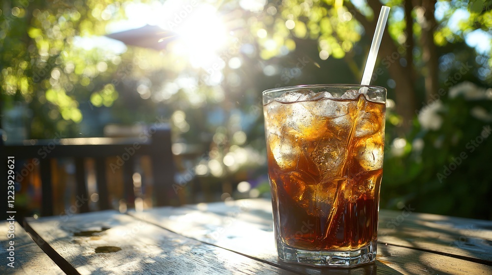 A glass of iced coffee with ice cubes and a straw on a sunny outdoor patio.