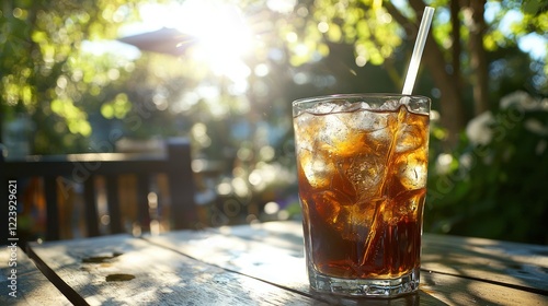 Obraz na płótnie A glass of iced coffee with ice cubes and a straw on a sunny outdoor patio. w salonie