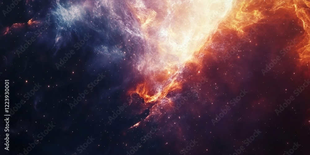 Fototapeta premium Vibrant cosmic nebula glowing with scattered luminous stars against dark stellar backdrop