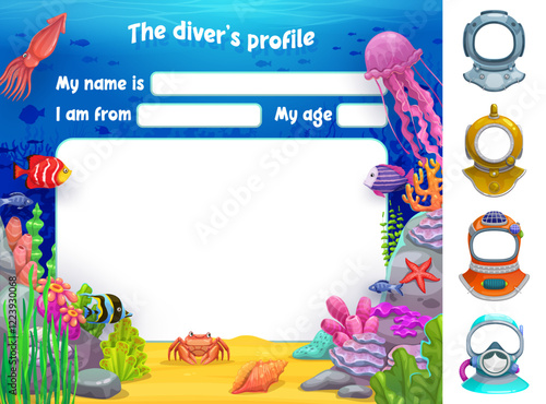 Kids diver profile form for diving school member with cartoon underwater vector template. Kids scuba diving or snorkeling diver profile card with personal information details and underwater fishes