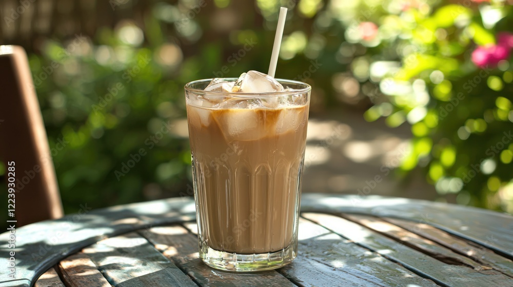 A glass of iced coffee with ice cubes and a straw on a sunny outdoor patio.