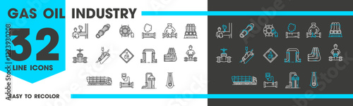 Gas oil industry line icons of fuel tank truck, pipeline, gauges and valves. Vector energy and chemical industry outline symbols of oil and gas extraction, refinery, transportation, storage and supply