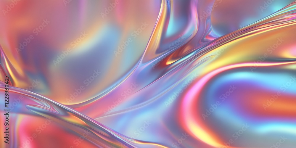 Holographic wavy shapes forming vibrant, iridescent texture, representing futuristic digital aesthetic with dynamic color gradient Holographic wavy shapes forming vibrant, iridescent texture, representing futuristic digital aesthetic with dynamic color gradient