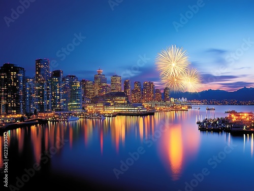 Vibrant fireworks with bold golden trails lighting up a waterfront skyline, casting dynamic reflections on still waters photo