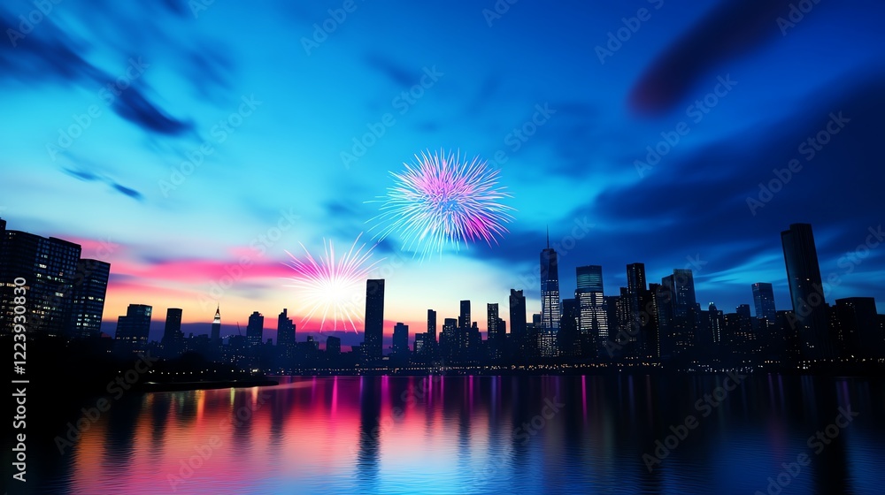 Obraz premium Vibrant skyline with layered fireworks in blue and pink, bold reflections on glass buildings, creating a festive and energetic atmosphere