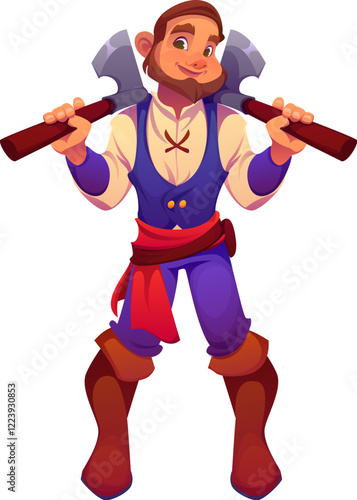 Cartoon pirate character holding two axes over his shoulders, exuding sense of adventure and bravery. Isolated vector corsair sailor with playful expression captures spirit of adventurous pirate tales