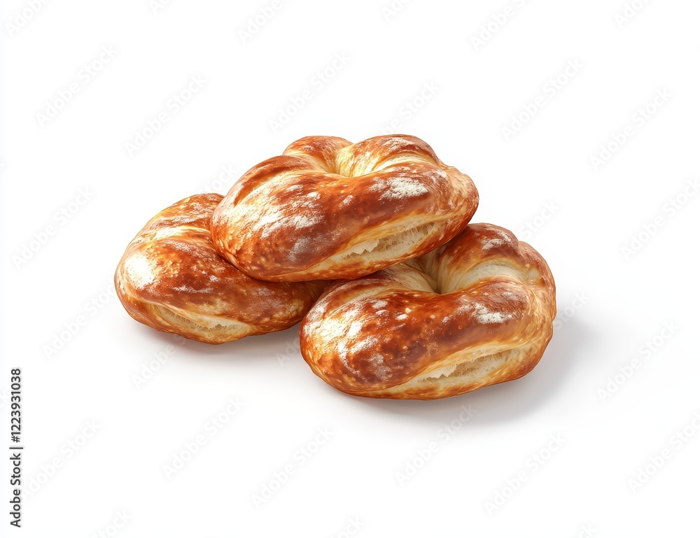 Three golden-brown baked pretzels, close-up, isolated on white. Three golden-brown baked pretzels, close-up, isolated on white.