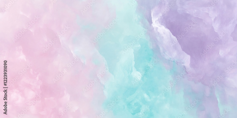 Fototapeta premium Watercolor background blending soft pastel pink, blue, purple hues, generating serene, ethereal mood