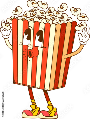 Groovy retro cartoon hippie popcorn or fast food dessert with funny face, vector character. Groovy popcorn box happy whistling for freaky hipster or psychedelic hippie fast food character for cinema