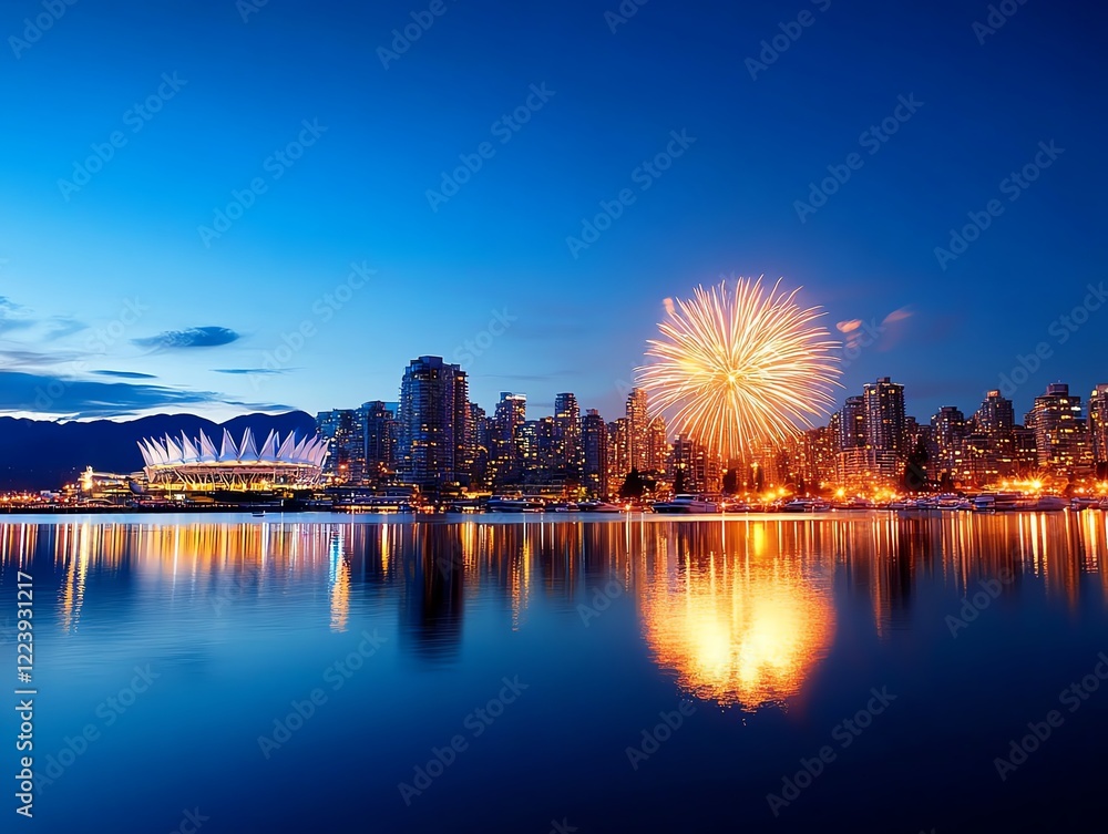 Obraz premium Vibrant fireworks with bold golden trails lighting up a waterfront skyline, casting dynamic reflections on still waters