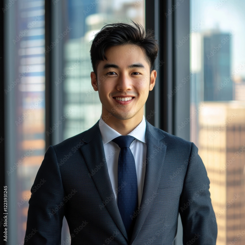 Confident Young Businessman Smiling in Modern City Office Confident Young Businessman Smiling in Modern City Office