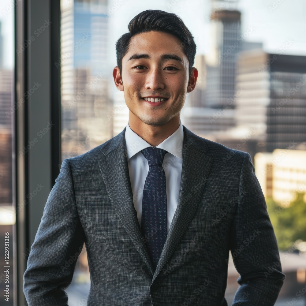 Confident Young Businessman Smiling in Modern City Office Confident Young Businessman Smiling in Modern City Office