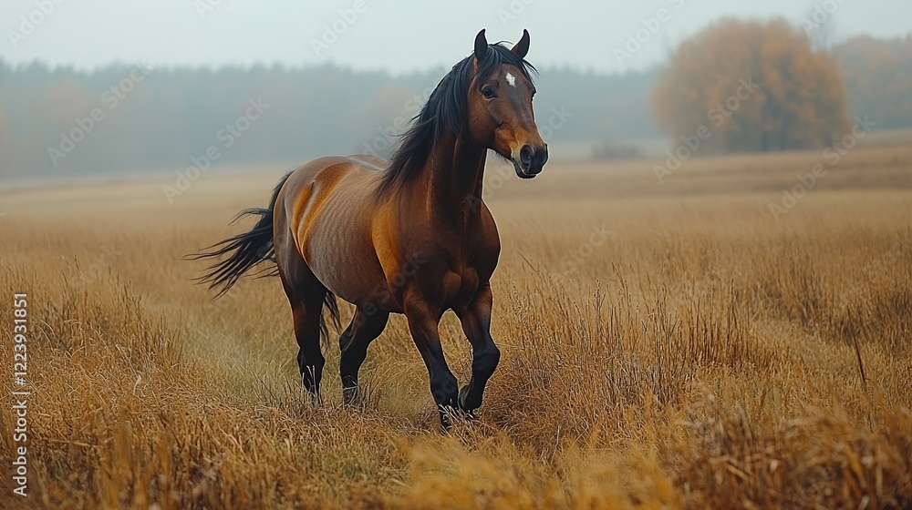 Brown horse running autumn field misty background; equestrian stock photo Brown horse running autumn field misty background; equestrian stock photo
