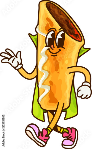 Groovy Cartoon Mexican enchilada wizard for Halloween character, vector Tex Mex funny food. Groovy enchilada wizard or mage in sorcerer mantle with happy face for Halloween holiday character