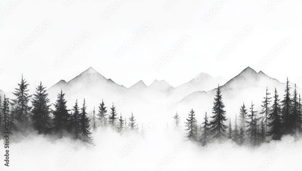 Obraz premium Black ink vector watercolor foggy forest and mountains panorama. 