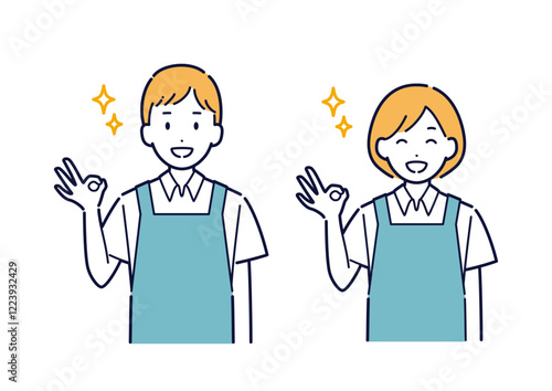 OKサインをするエプロンを着た男女のイラスト＿上半身