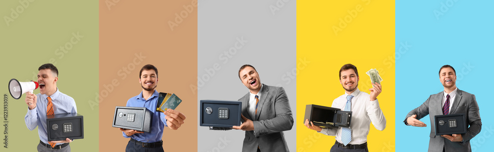 Set of young businessmen with safe boxes on color background Set of young businessmen with safe boxes on color background
