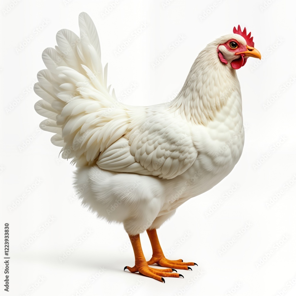 Fototapeta premium White hen stands against transparent background. Studio shot of young farm animal. Close up view of hen body, feathers. Domestic bird, showing healthy look. Single hen, isolated, bright colours, real