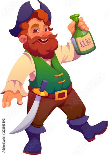 Cartoon pirate captain or corsair sailor drunk with rum bottle, vector character. Old pirate sailor with red beard in tricorne hat with sword drinking rum, Caribbean corsair or boatswain character