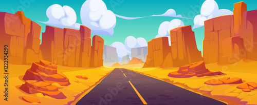 Cartoon desert road landscape featuring a long highway winding through towering canyon walls and rocks under a bright blue sky with fluffy clouds, evokes adventure and exploration in Arizona or Mexico