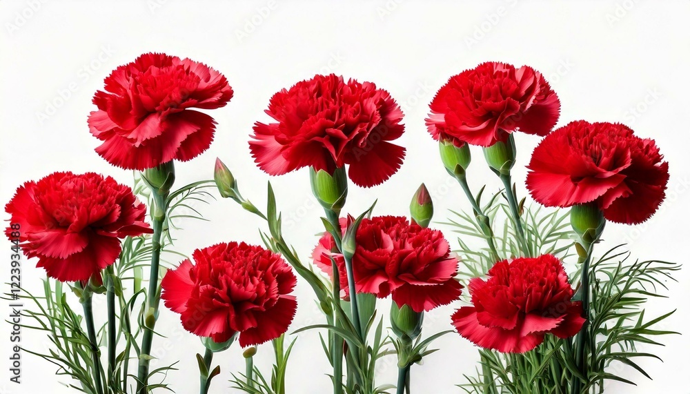 Fototapeta premium Panoramic view with carnation schabaud. Set red flowers, green stems,