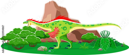 Raptor prehistoric dinosaur cartoon character. Isolated vector ancient reptile animal at jurassic era scene. Colorful carnivore bipedal dino with red feathers at lush landscape with ferns and foliage