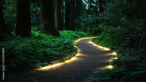 Obraz na płótnie A green forest trail illuminated by soft, glowing lights during dusk. w salonie