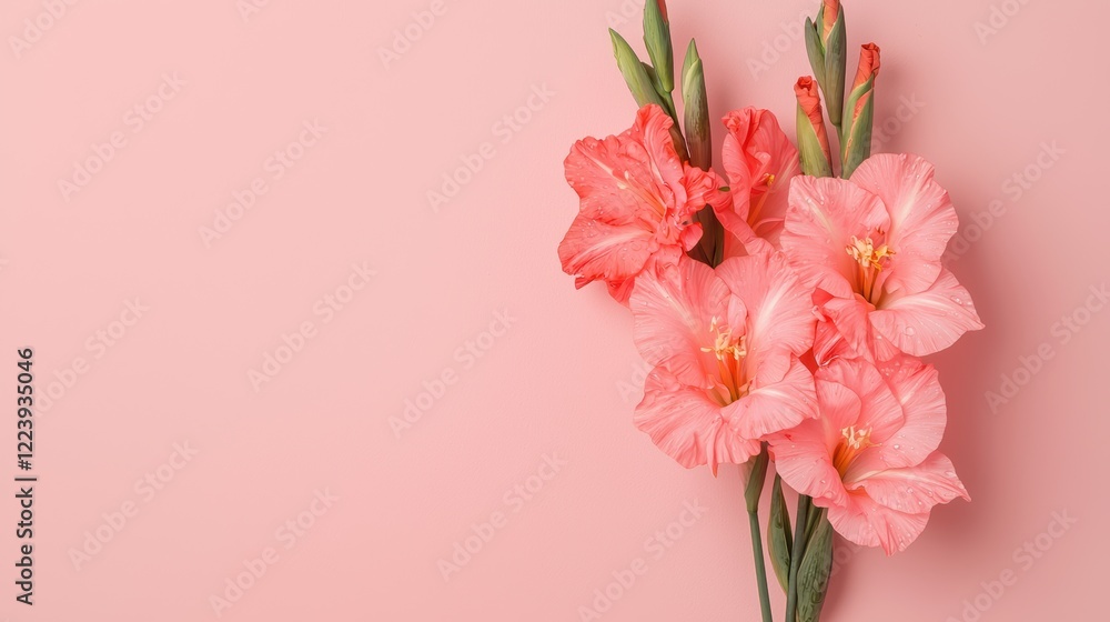 Naklejka premium Delicate Pink Gladiolus Blossoms on a Pastel Pink Background