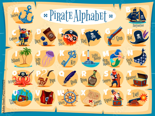 Pirate kid alphabet featuring piracy symbols for each letter. Cartoon abc characters for kids education with treasure chest, ship and octopus, anchor and mermaid, captain, dice and flag with quill pen