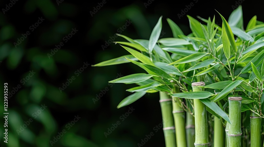 Obraz premium Fresh green bamboo stalks with lush leaves grow in a natural forest setting during daytime.