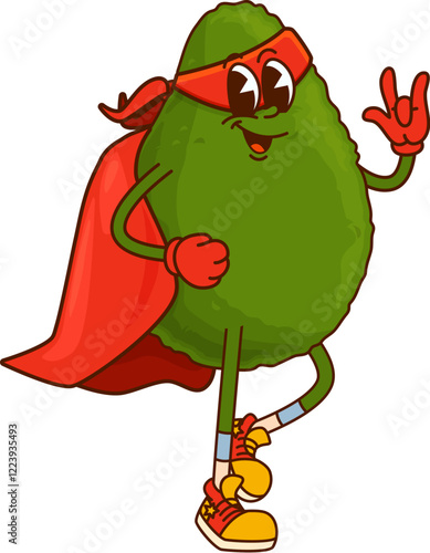 Groovy avocado superhero character or cartoon vegetable in super power cape, vector comic. Funny groovy avocado superhero character in rescue ranger mantle cape with happy face and fingers gesture